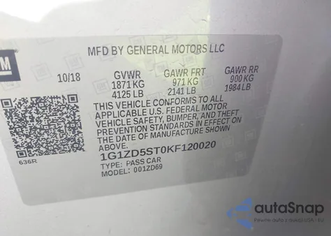 2019 Chevrolet Malibu Lt z USA, uszkodzony, nr VIN 1G1ZD5ST0KF120020